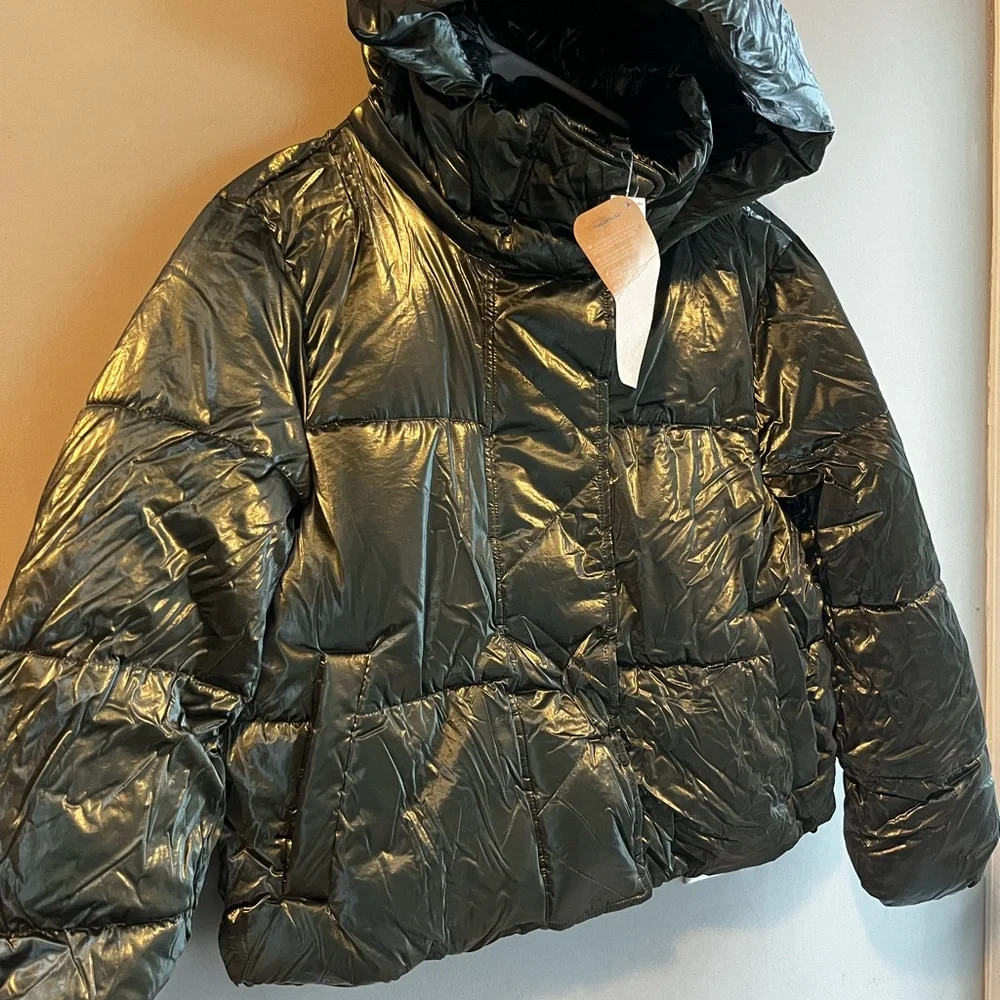 GAP Glossy Green Puffer Jacket Hooded Cropped GorpCore NWT Small